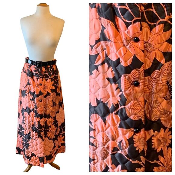 Vintage 1960s Pink & Black Floral Quilted Skirt with Patent Leather Belt - Med - Picture 1 of 11